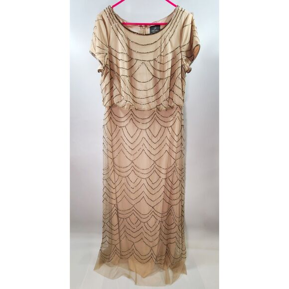 Adrianna Papell Peach Nude Sequin Beaded Art Deco Godet Hem Maxi Dress Gown 14P - Picture 2 of 9